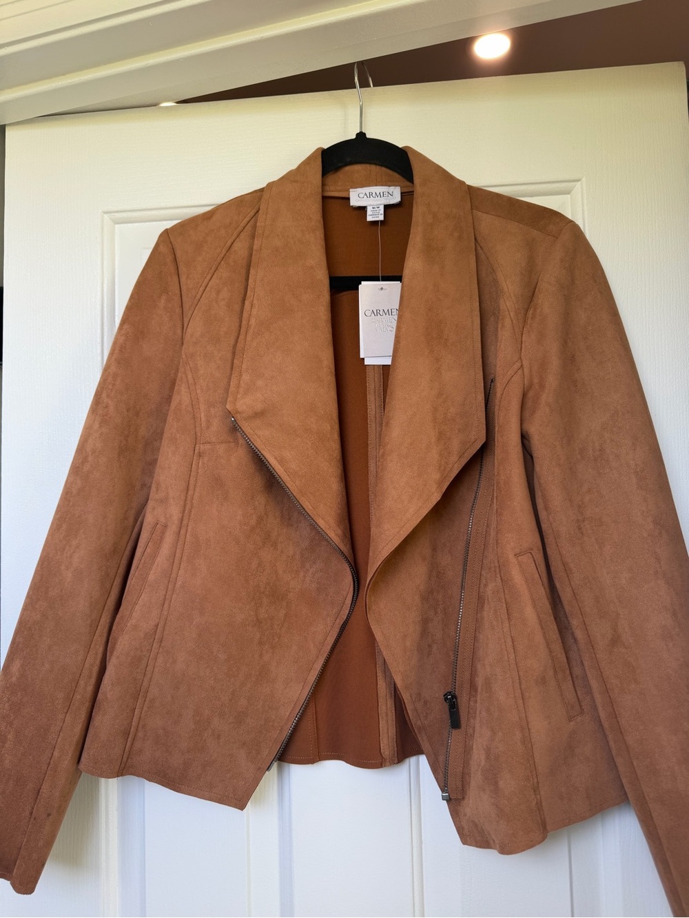 Carmen Marco Valvo Suede Asymmetrical Zip Jacket - Camel Brown